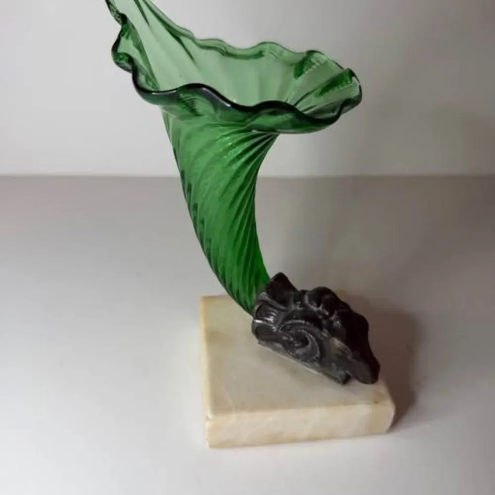 Victorian Era Green Glass Cornucopia Vase with Bronze Ram on Marble Base